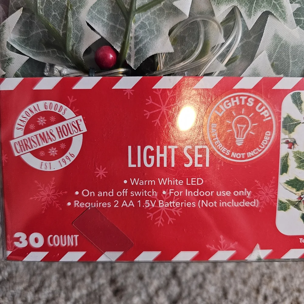 LED Holly String Lights - White and Green